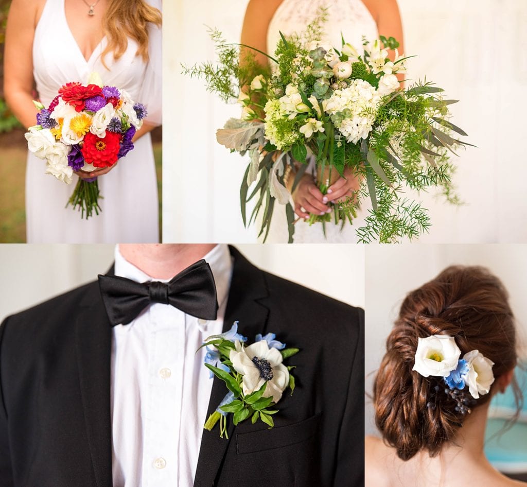colorful wedding bouquets, boutonnieres, and hair pieces 