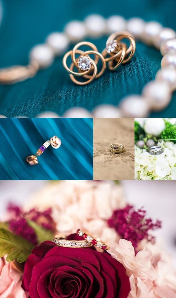 bride's earrings, necklaces, and rings on flowers and flat lays