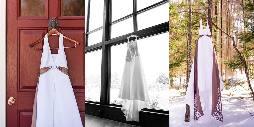wedding dresses hanging indoors and outside