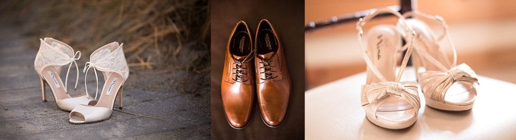 bride's heels and groom's leather dress shoes