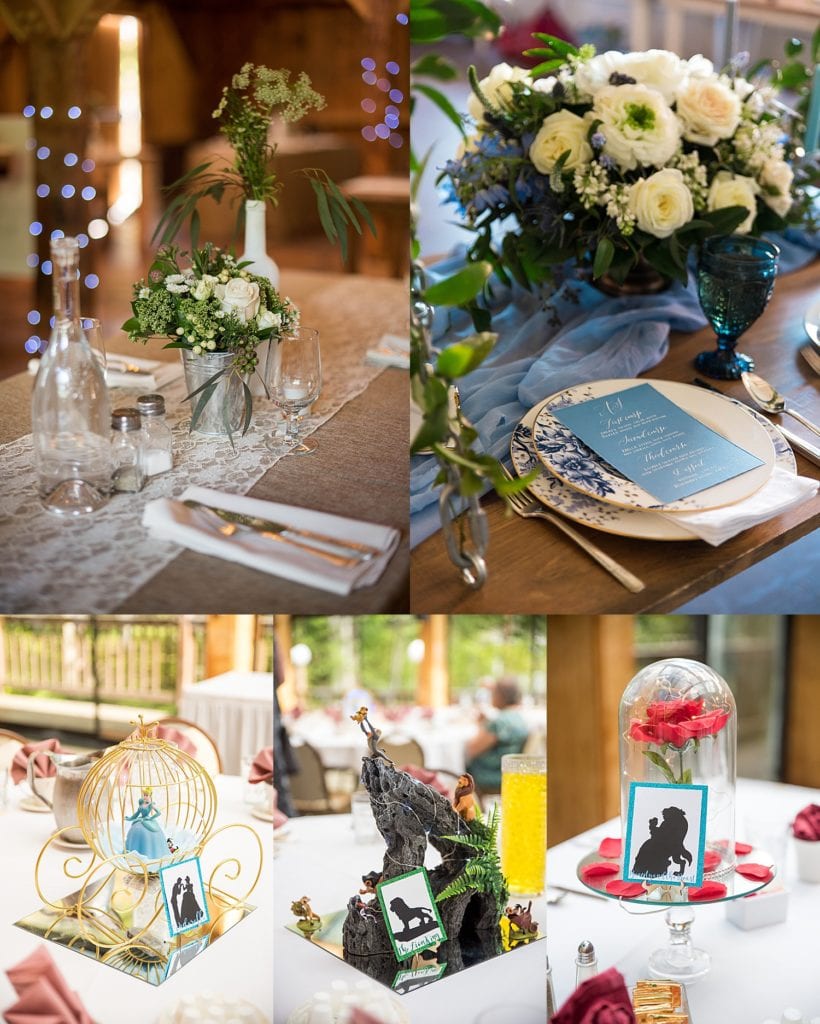 wedding table centerpieces including flowers, candles, and themed objects