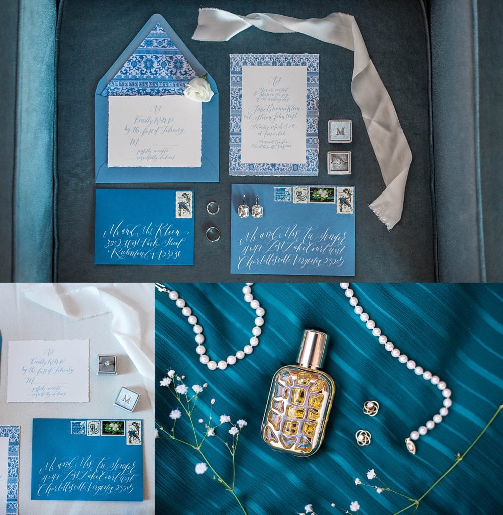 flat lays including invitations, perfume, jewelry, and flowers