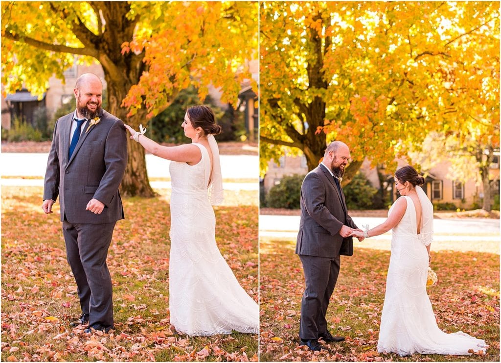 fall wedding first look