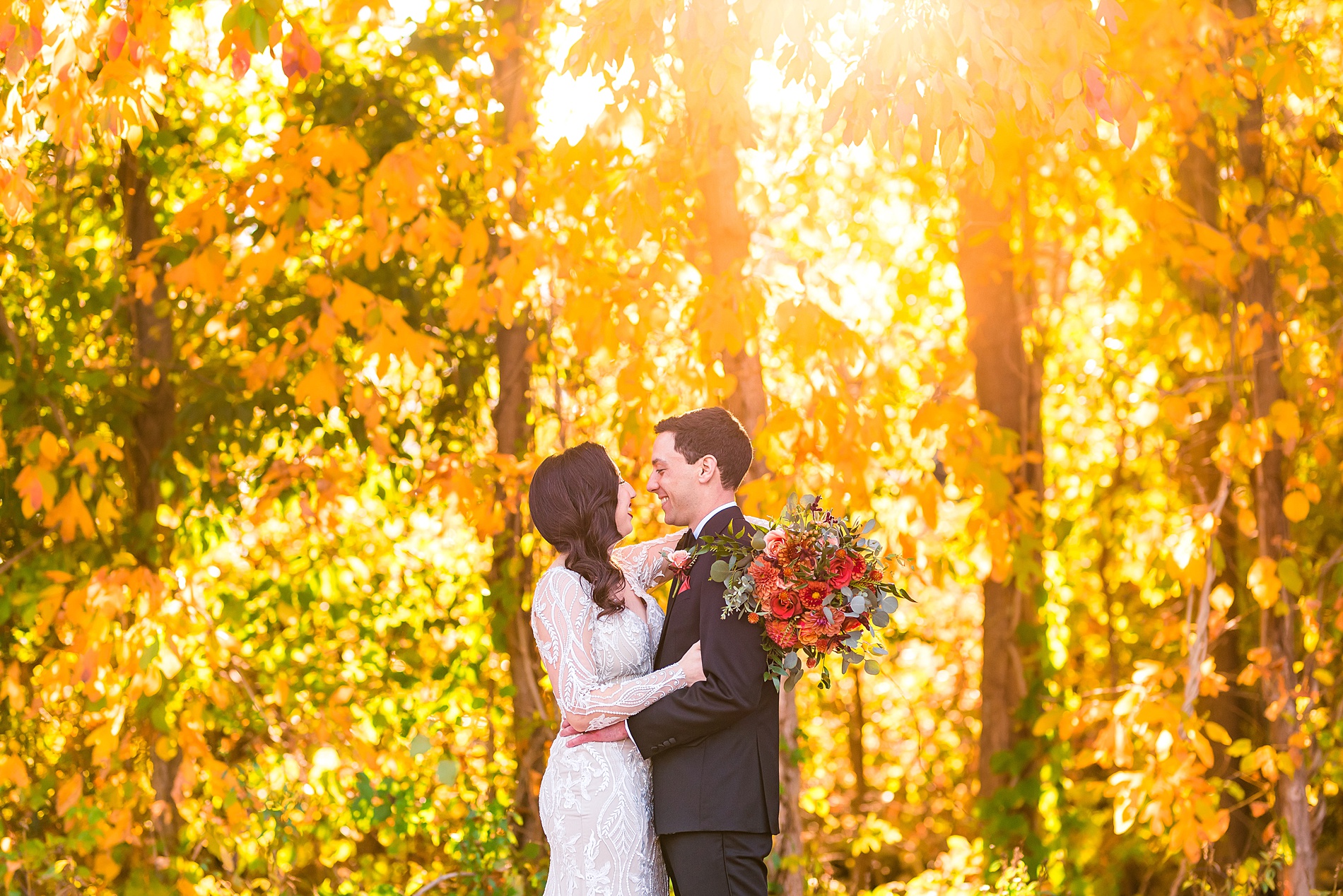 Bride + Groom portraits with fall foliage and sunlight streaming in through the trees