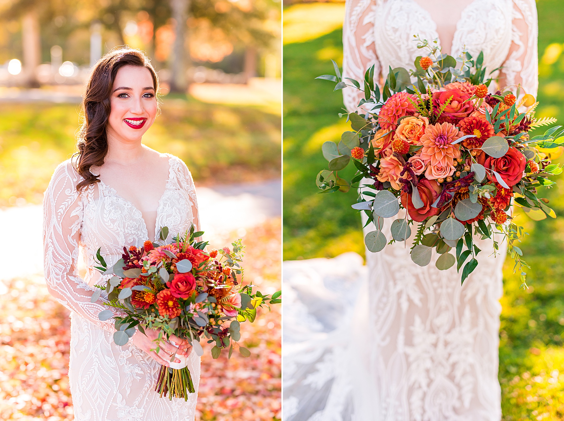 bride holding fall wedding flower bouquet