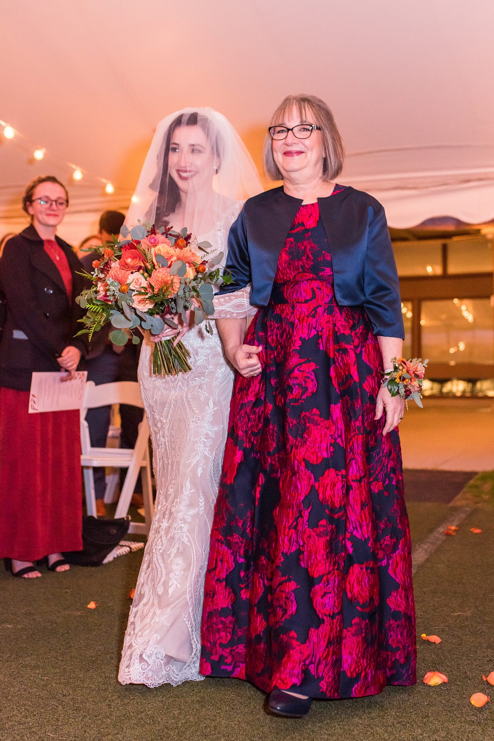 mom walks daughter down the aisle at her fall wedding in MA