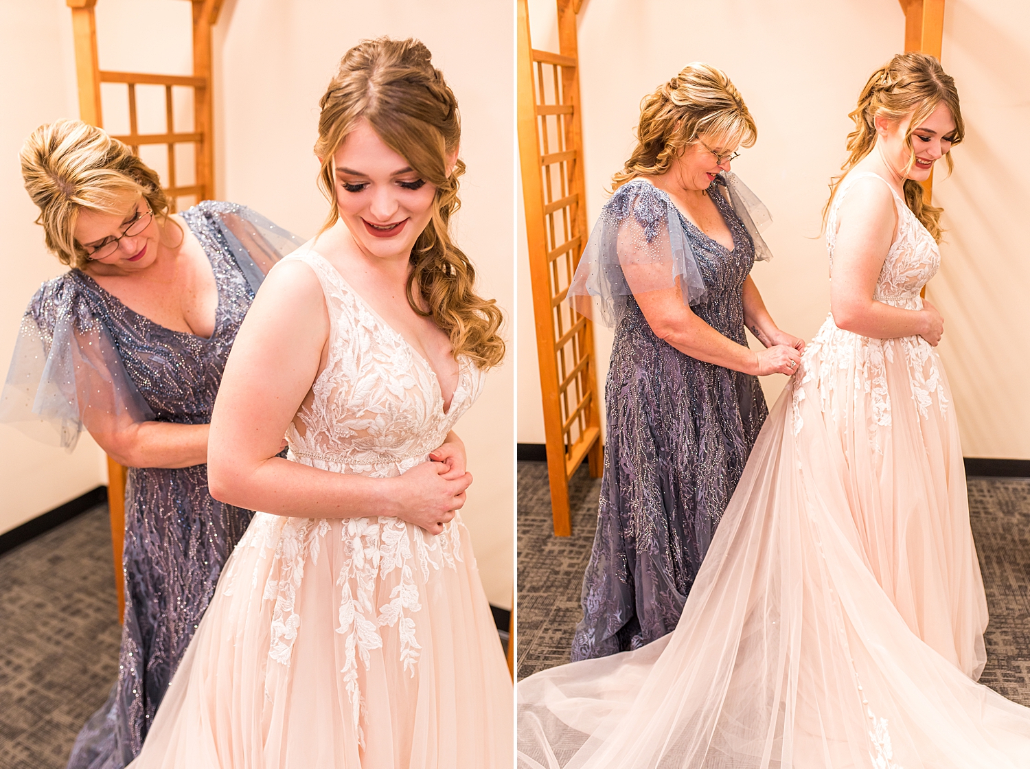 mother of the bride helps daughter into wedding dress