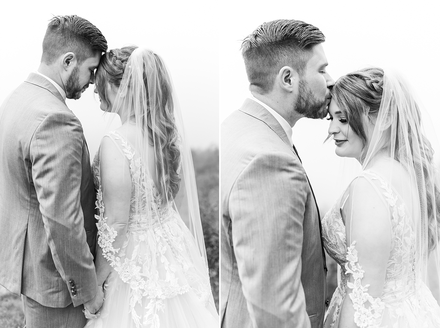 newlyweds lean in together during portraits