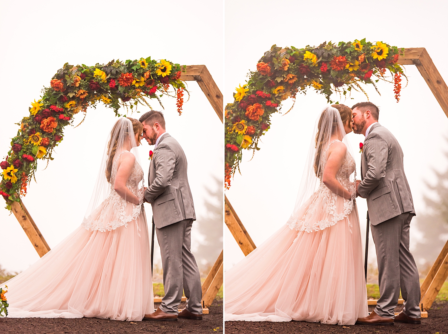 newlyweds under hexagon arch decorated with fall flowers