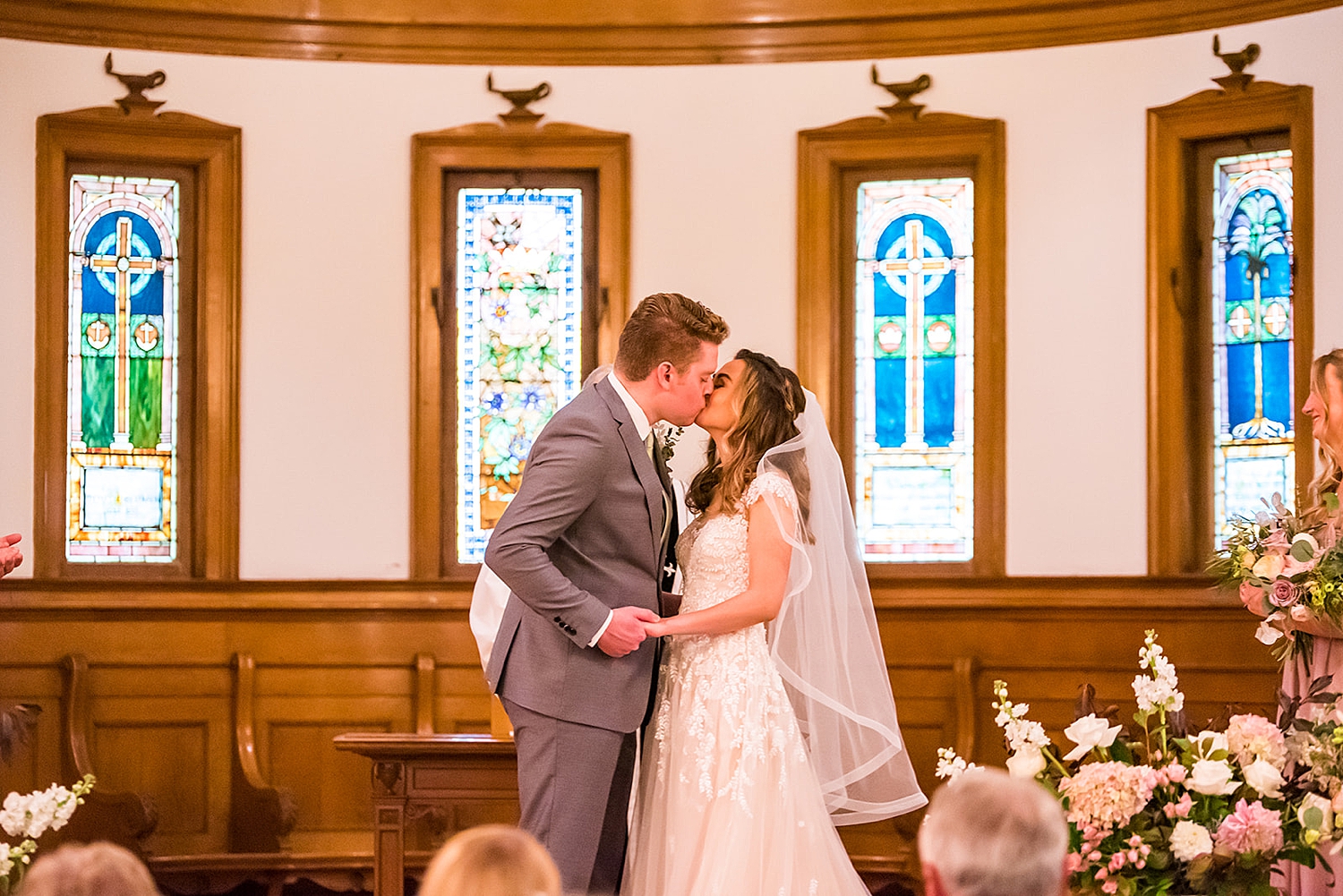 bride + groom kiss at NH Mile Away Wedding ceremony