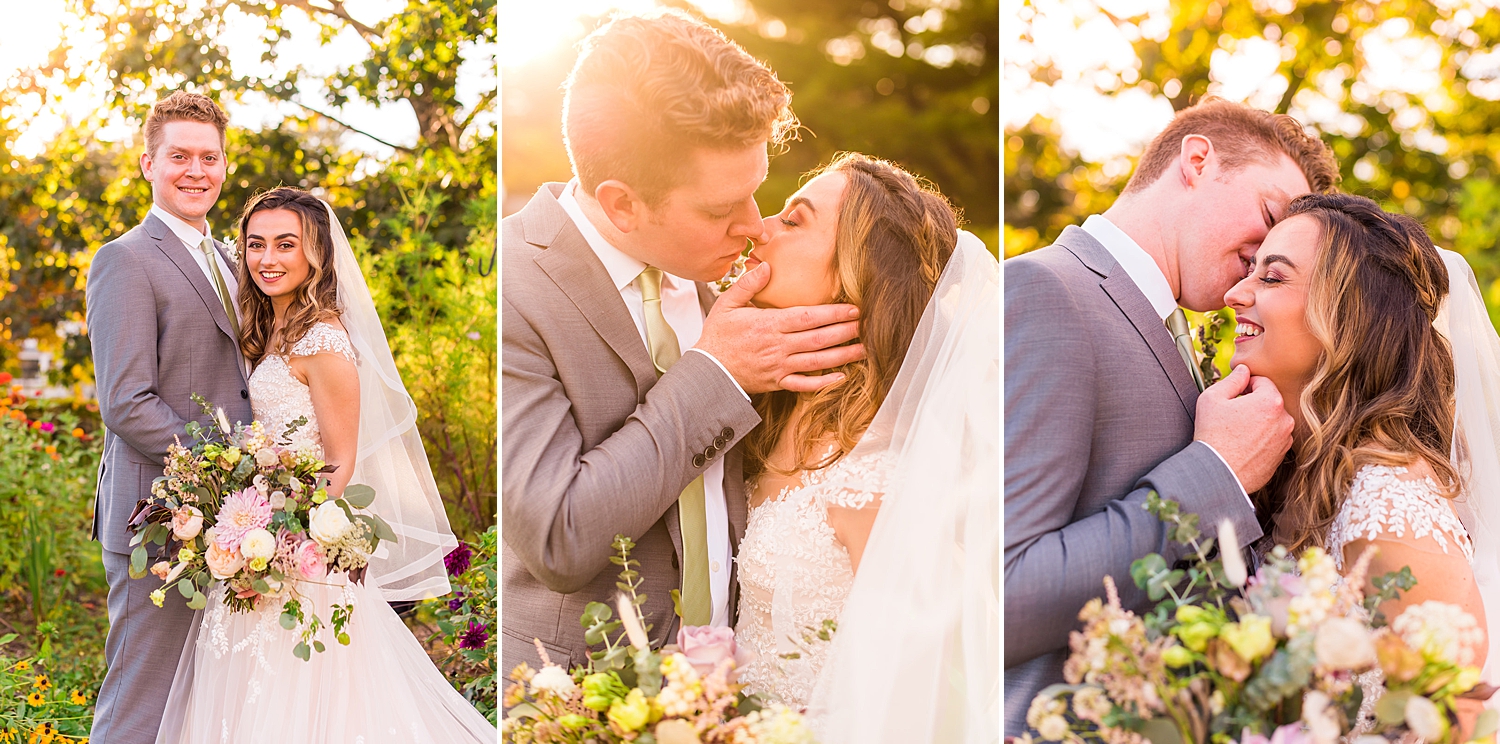 newlyweds kiss during wedding portraits