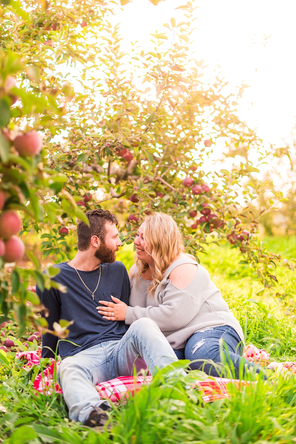 newly engaged couple sit in the field of apple orchard for fall engagement pictures