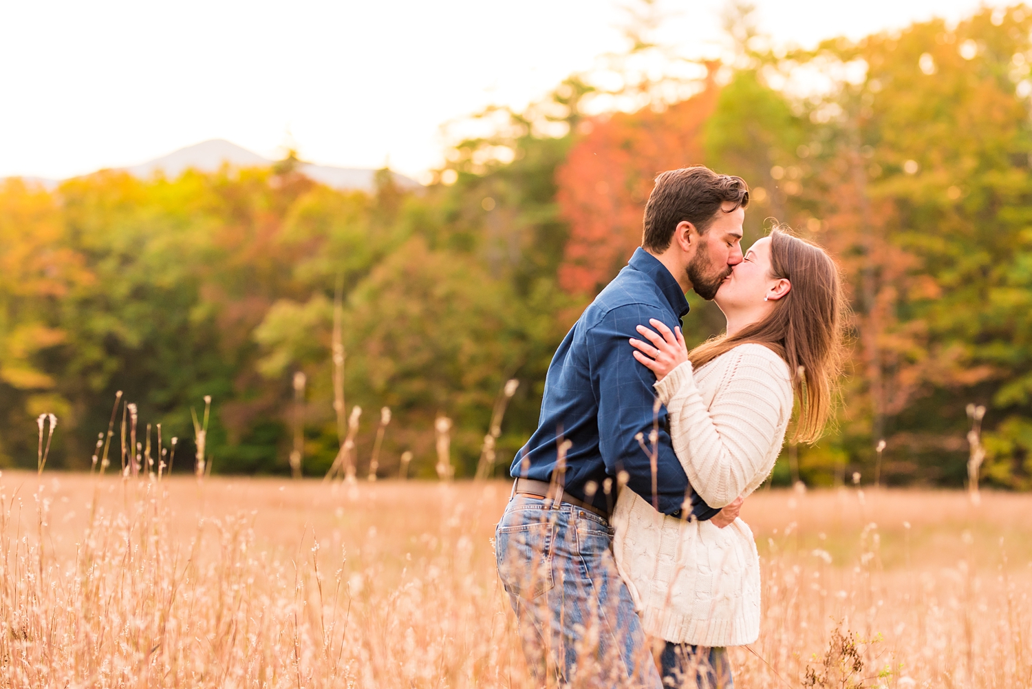 engaged couple kiss in tall grass