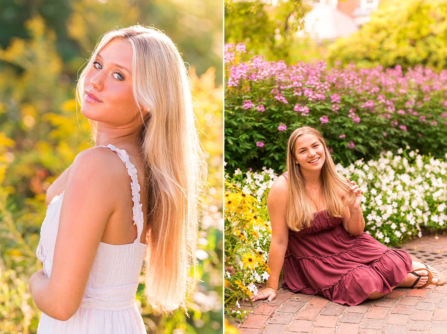 senior girls sit by patch of flowers for senior portraits