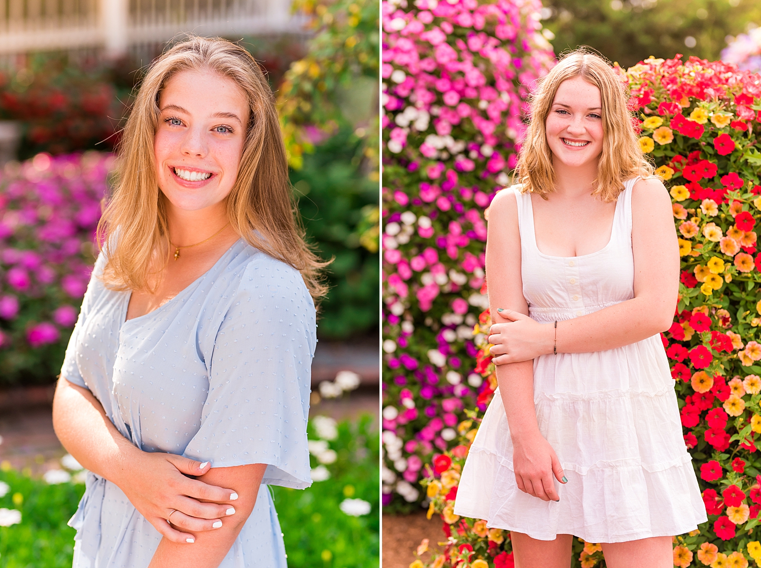 New Hampshire Senior Sessions in front of colorful flowers in garden