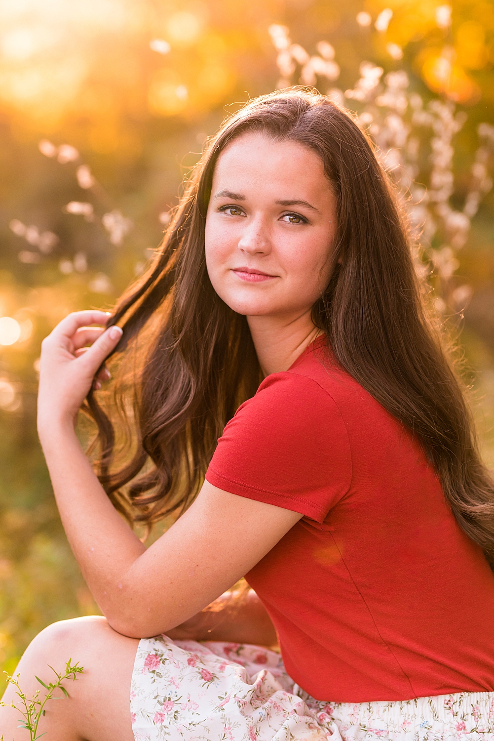 New Hampshire Senior Session of girl in red shirt in field