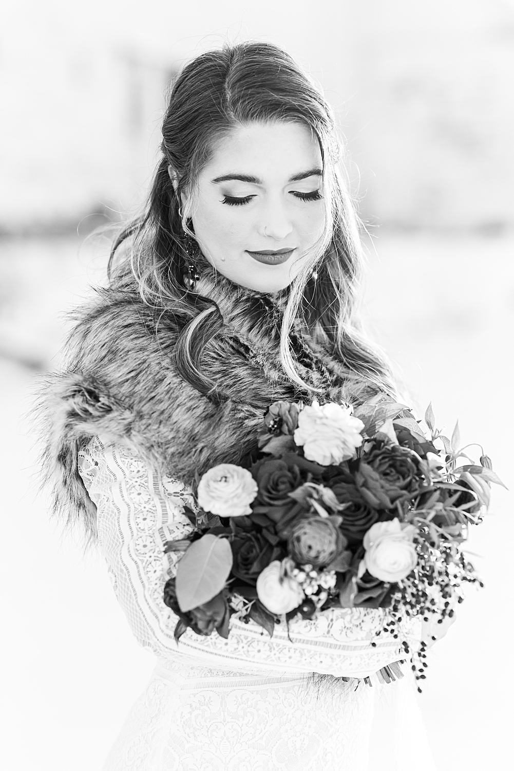 black and white photo of winter bride