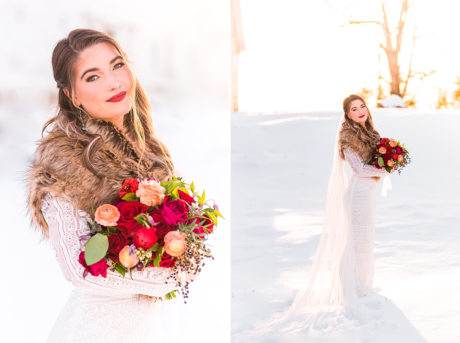 bride walks across the fallen snow during winter wedding styled shoot