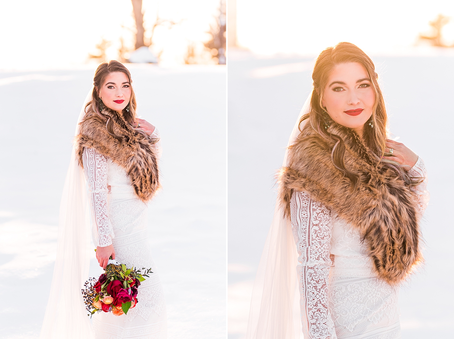 winter wedding styled shoot woman in fur shaw holding red bouquet