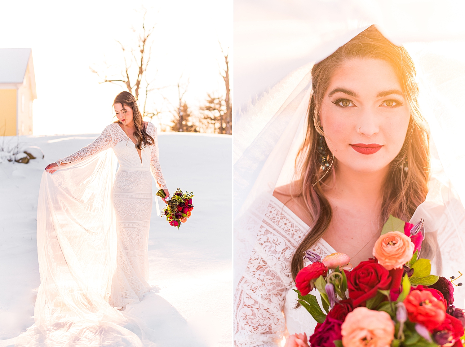 bride shows off her wedding dress in the snow