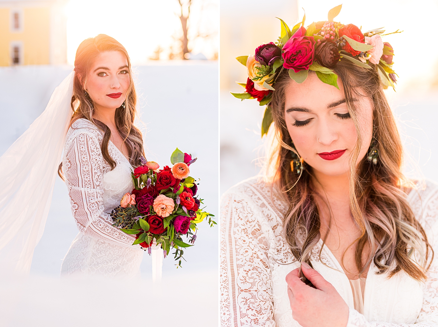 bride holds beautiful red flower bouquet outside in the snow