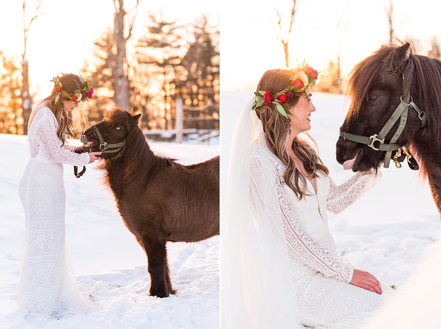 bride pets mini horse during winter wedding styled shoot