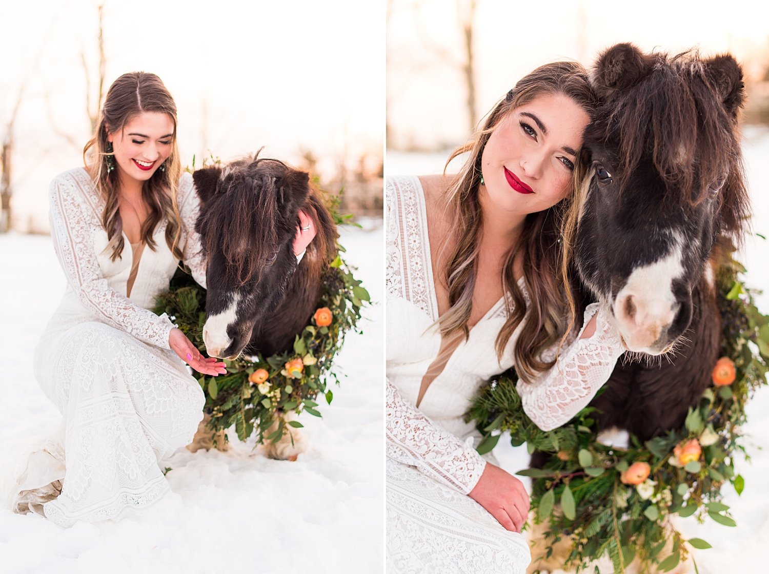 bride kneels down with mini horse