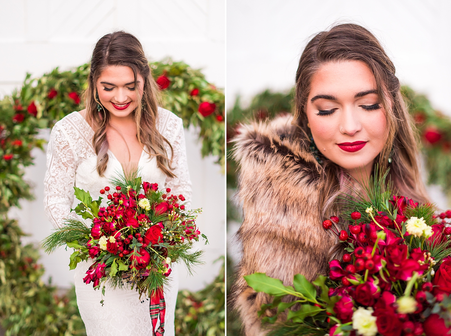 bride showing off bouquet and makeup