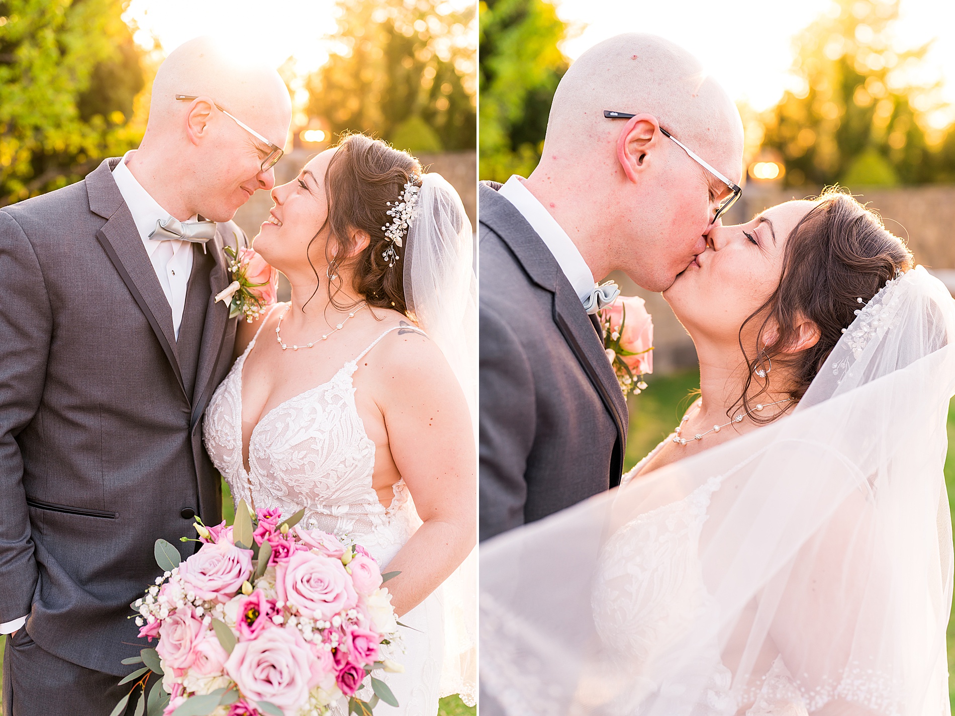 bride and groom kiss during wedding portraits