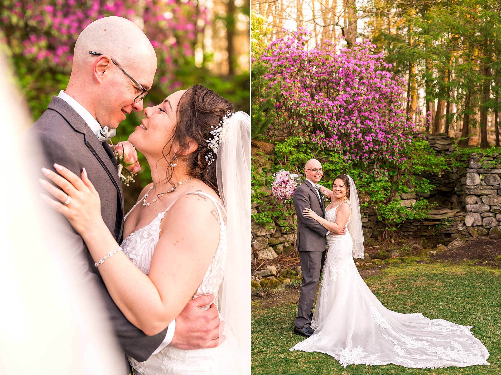 wedding portraits of bride and groom at Wedgewood Granite Rose in New Hampshire