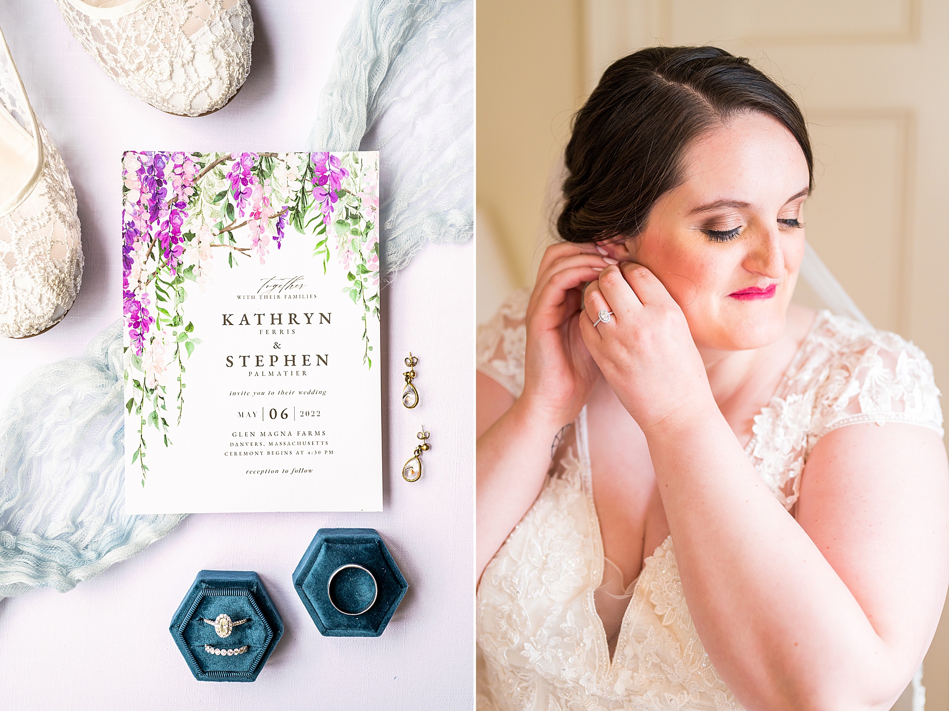 spring wedding invitation and bride putting in earrings