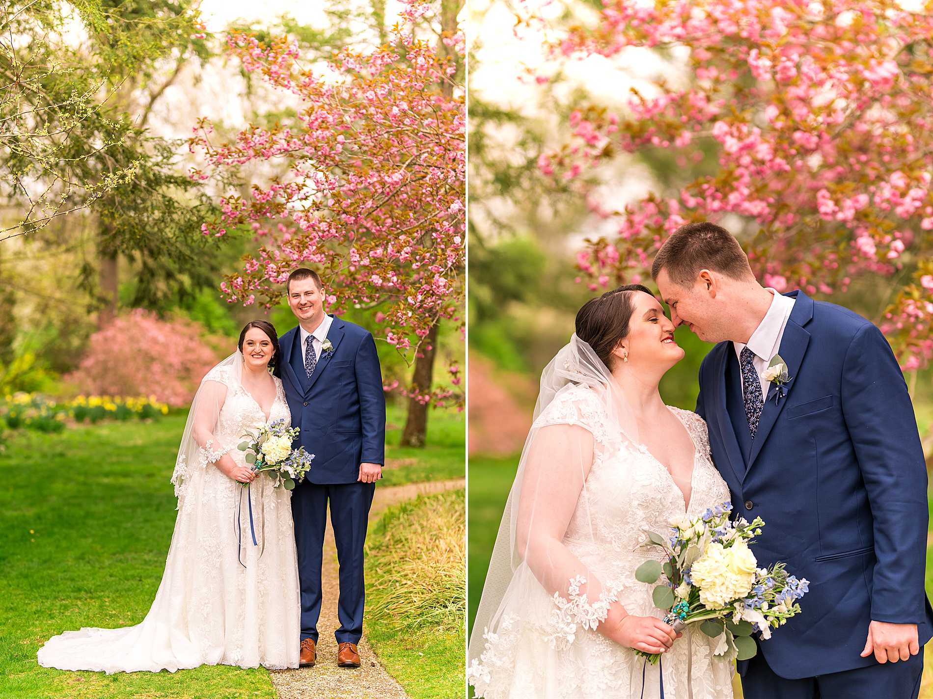 newlyweds in front of blossoming spring tree at Glen Magna Farms