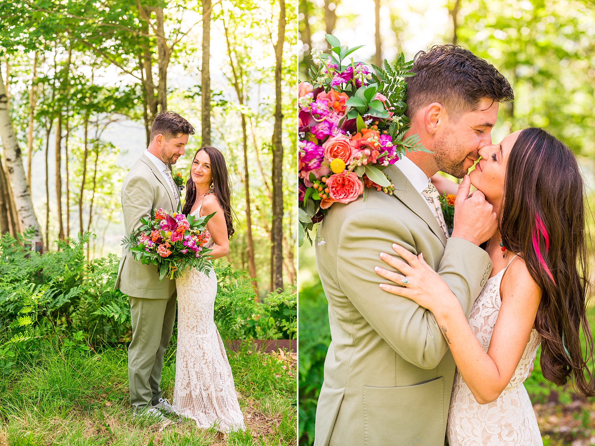 bride and groom portraits before Bright + Colorful NH Summer Wedding at Waterville Valley Resort