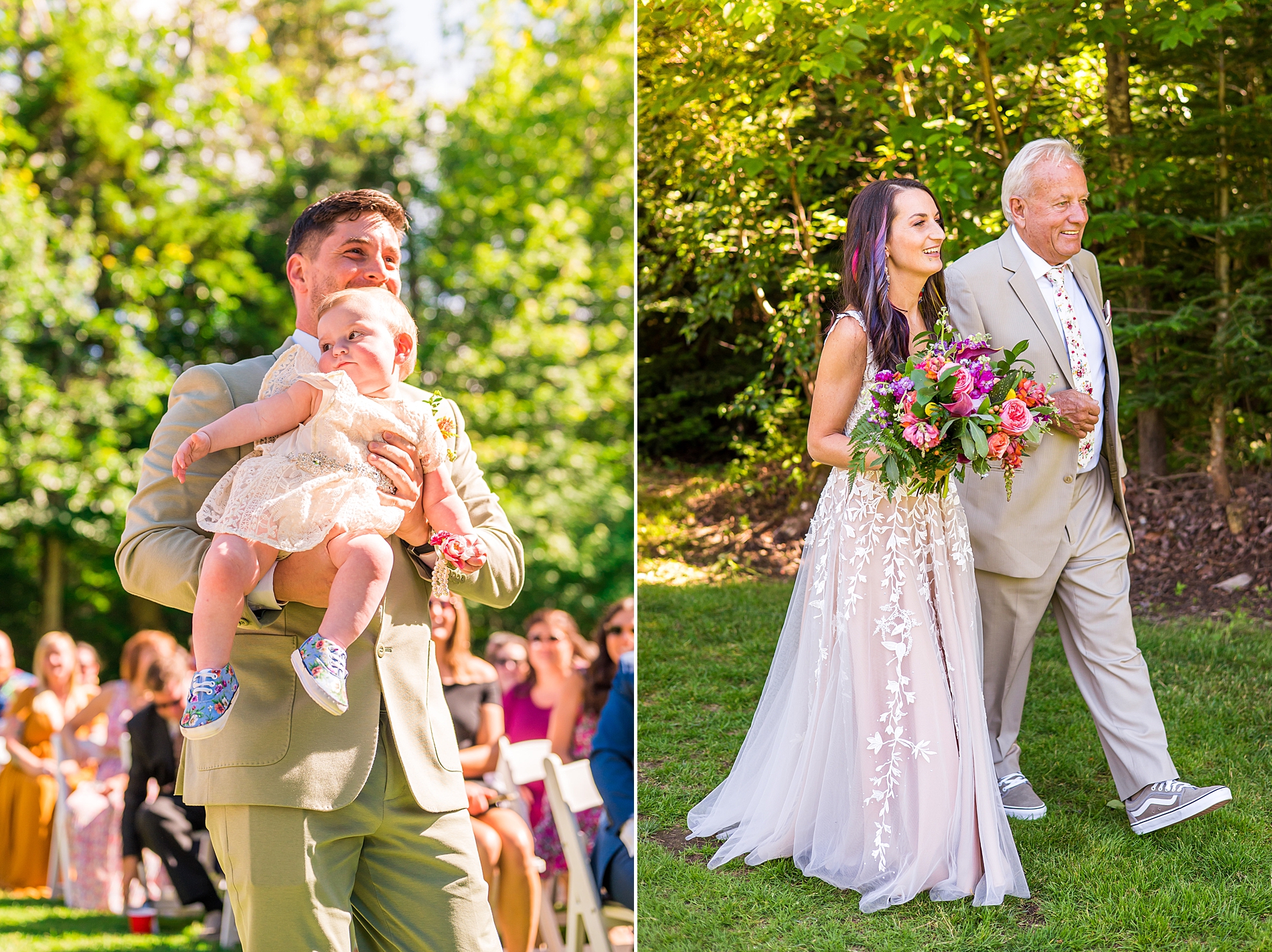 groom with his daughter and bride walks down the aisle with her father