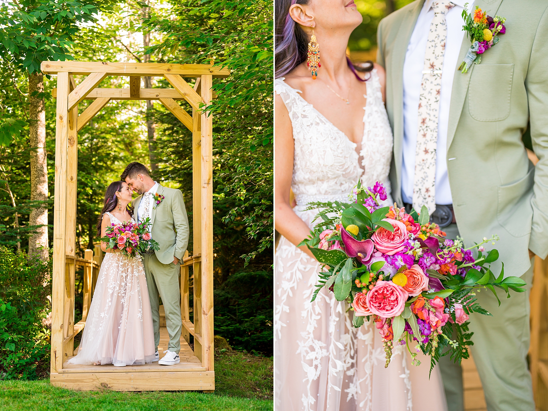 couple under wooden gazebo after Bright + Bold NH Summer Wedding at Waterville Valley Resort 