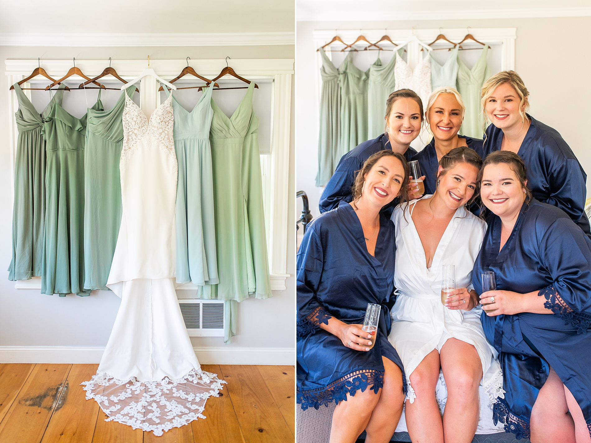 bridesmaids getting ready in matching navy robes