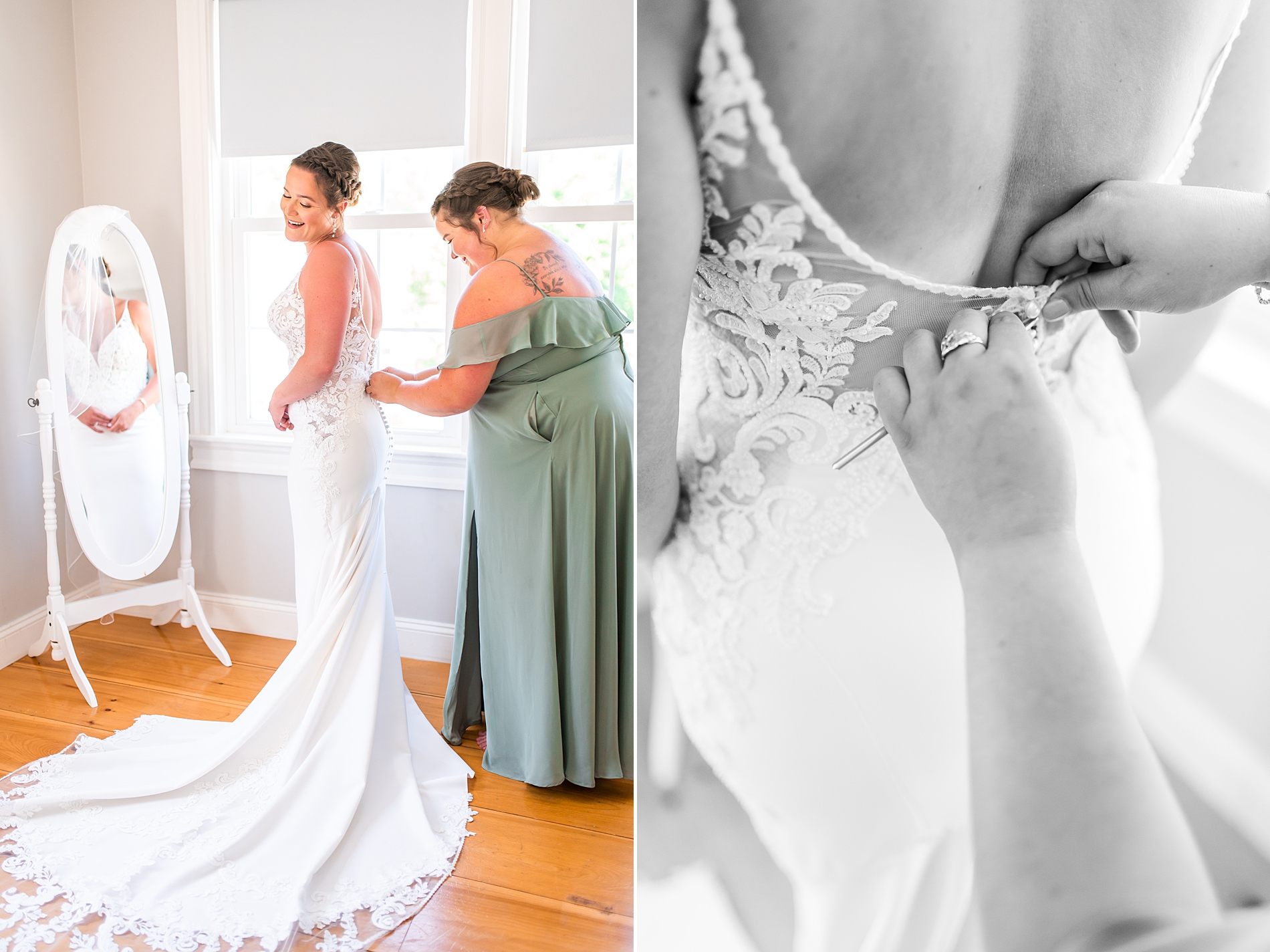 bride getting her dress buttoned up with the help of a bridesmaid