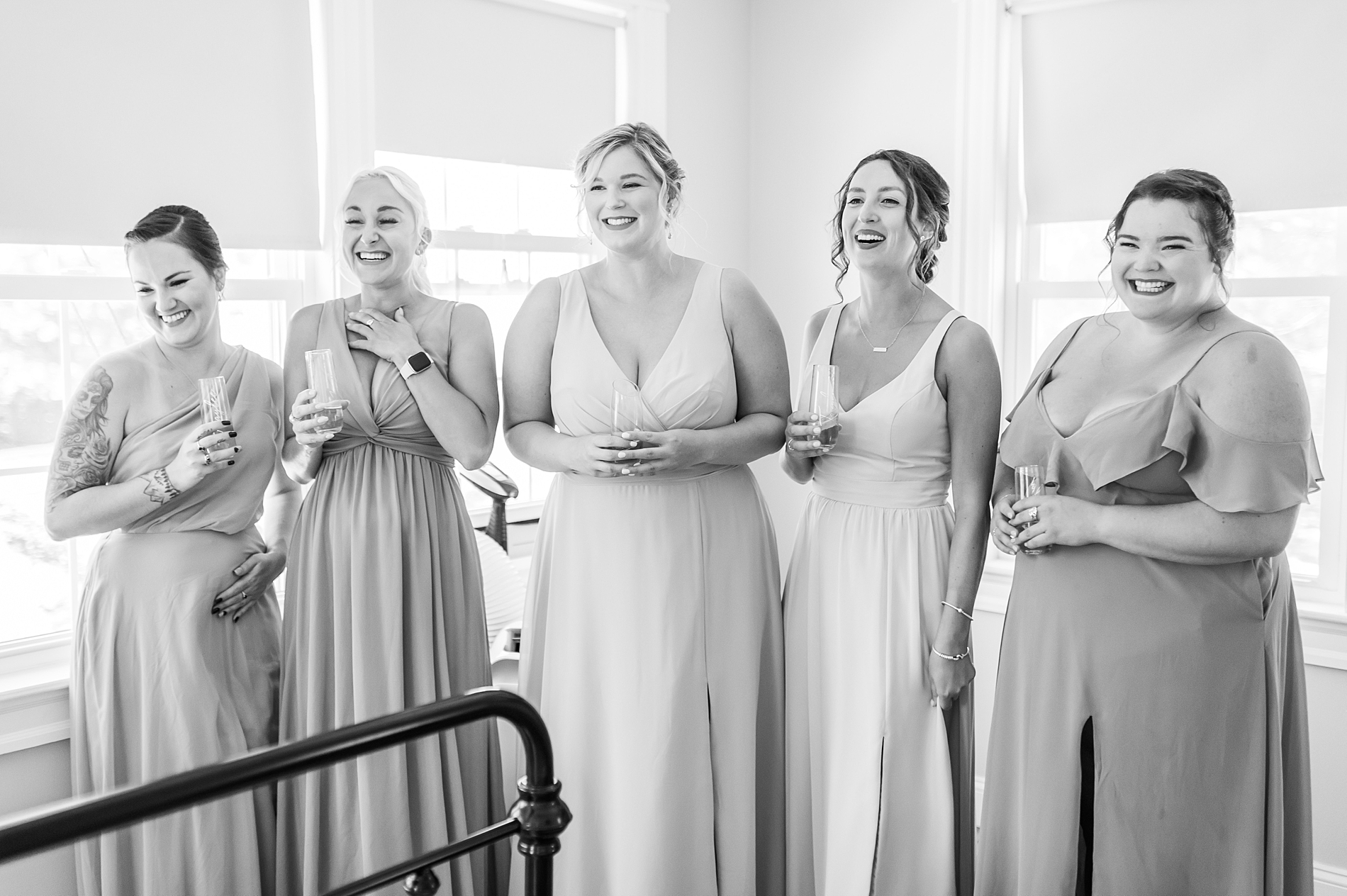 first look with bridesmaid before Timeless Sunset Beach Wedding in Kennebunkport, ME