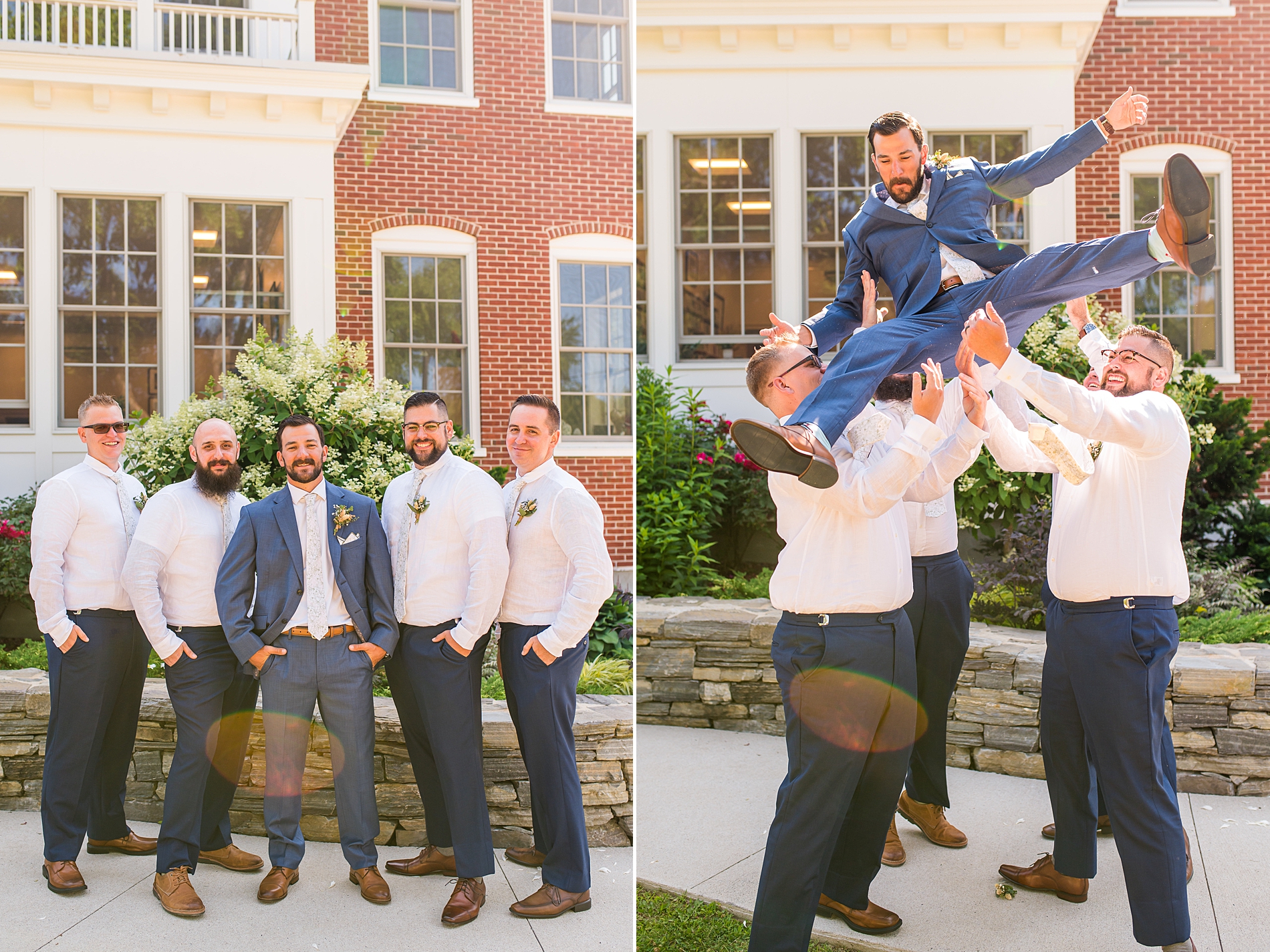 groomsmen hold up groom for a fun photo