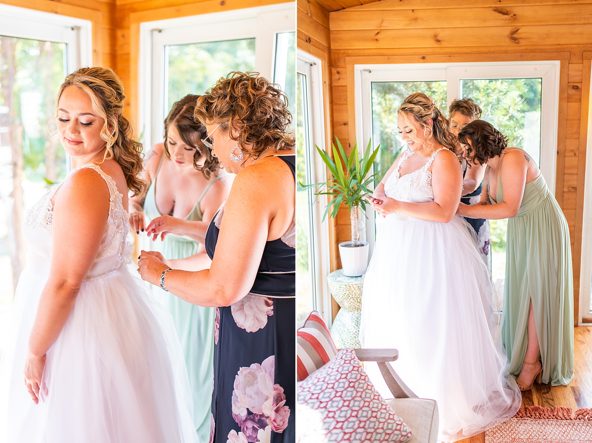 bridesmaids help bride get ready for Garden Inspired Connecticut Wedding