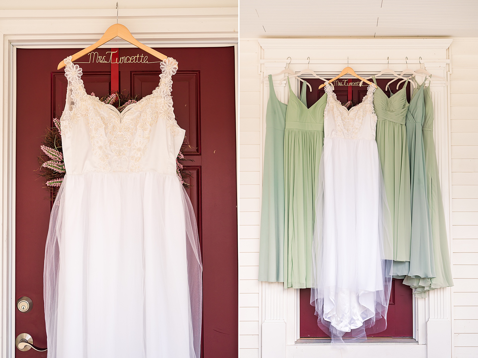 bride and bridesmaids' dresses in sage green