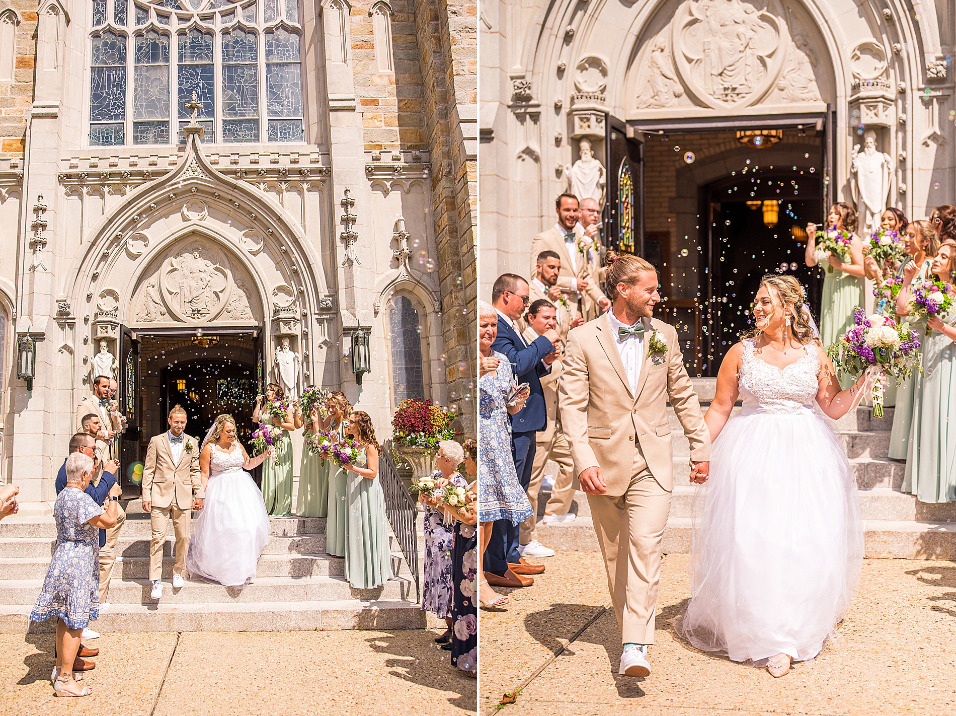 wedding guests blow bubbles as newlyweds exit the church 