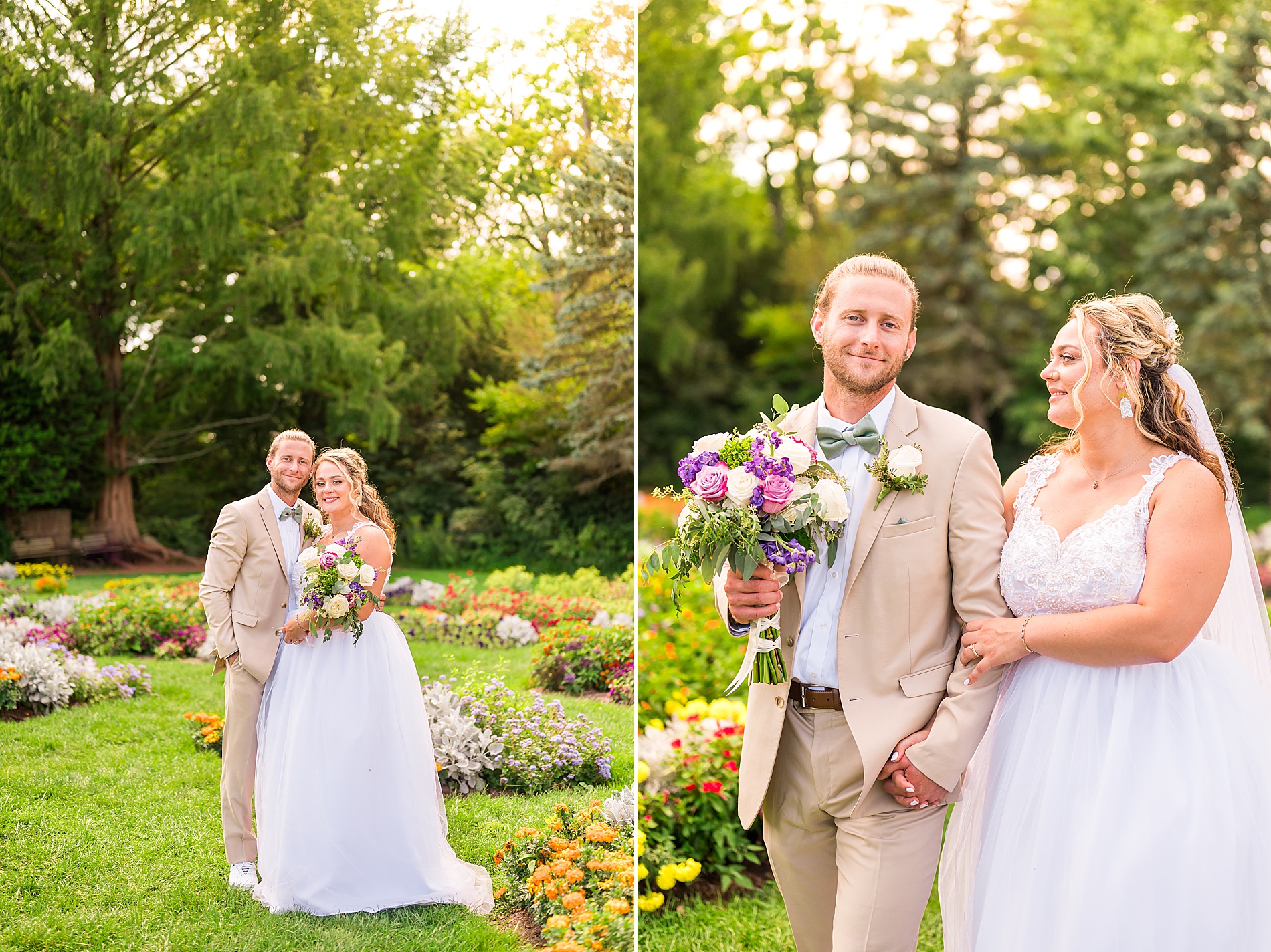 couple walk through garden for wedding portraits 