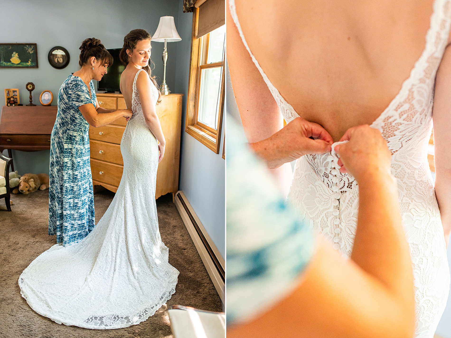 bride getting her wedding dress on with her mom