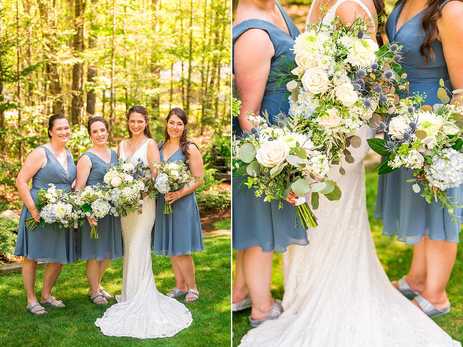 bride and bridesmaids in blue dresses and classic summer bouquets of white and dusty blues 