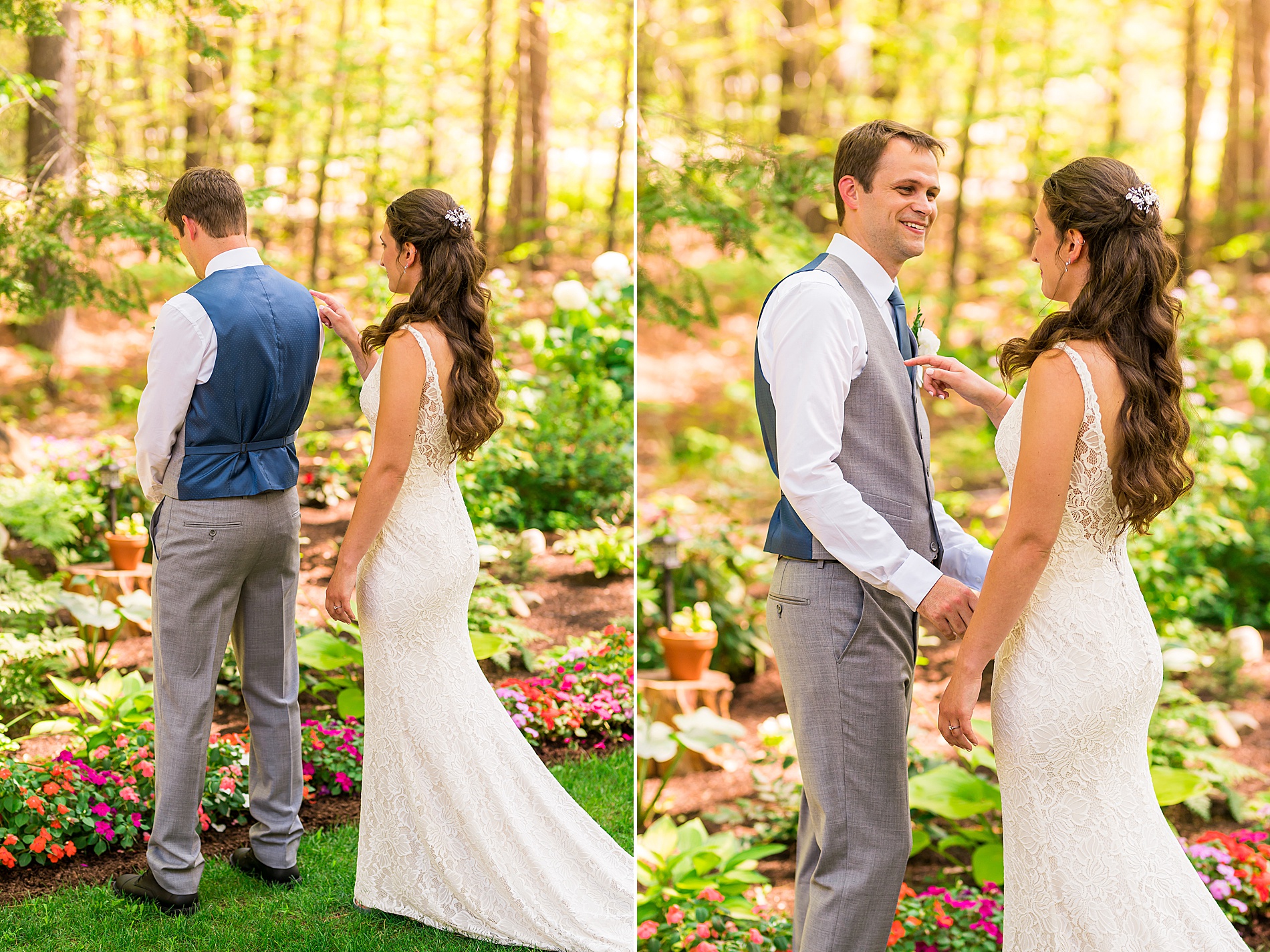 bride and groom share first look before intimate summer wedding ceremony 