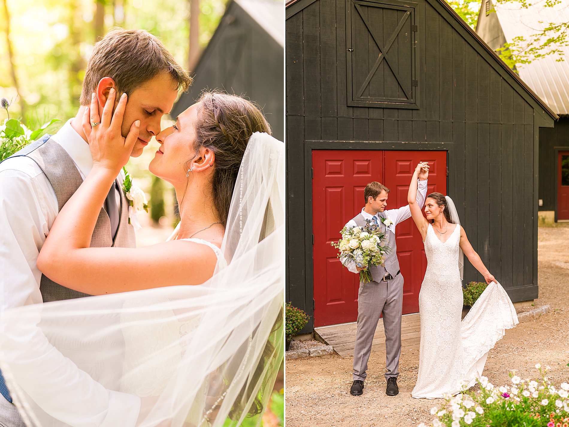 bride and groom in front of barn after wedding ceremony 