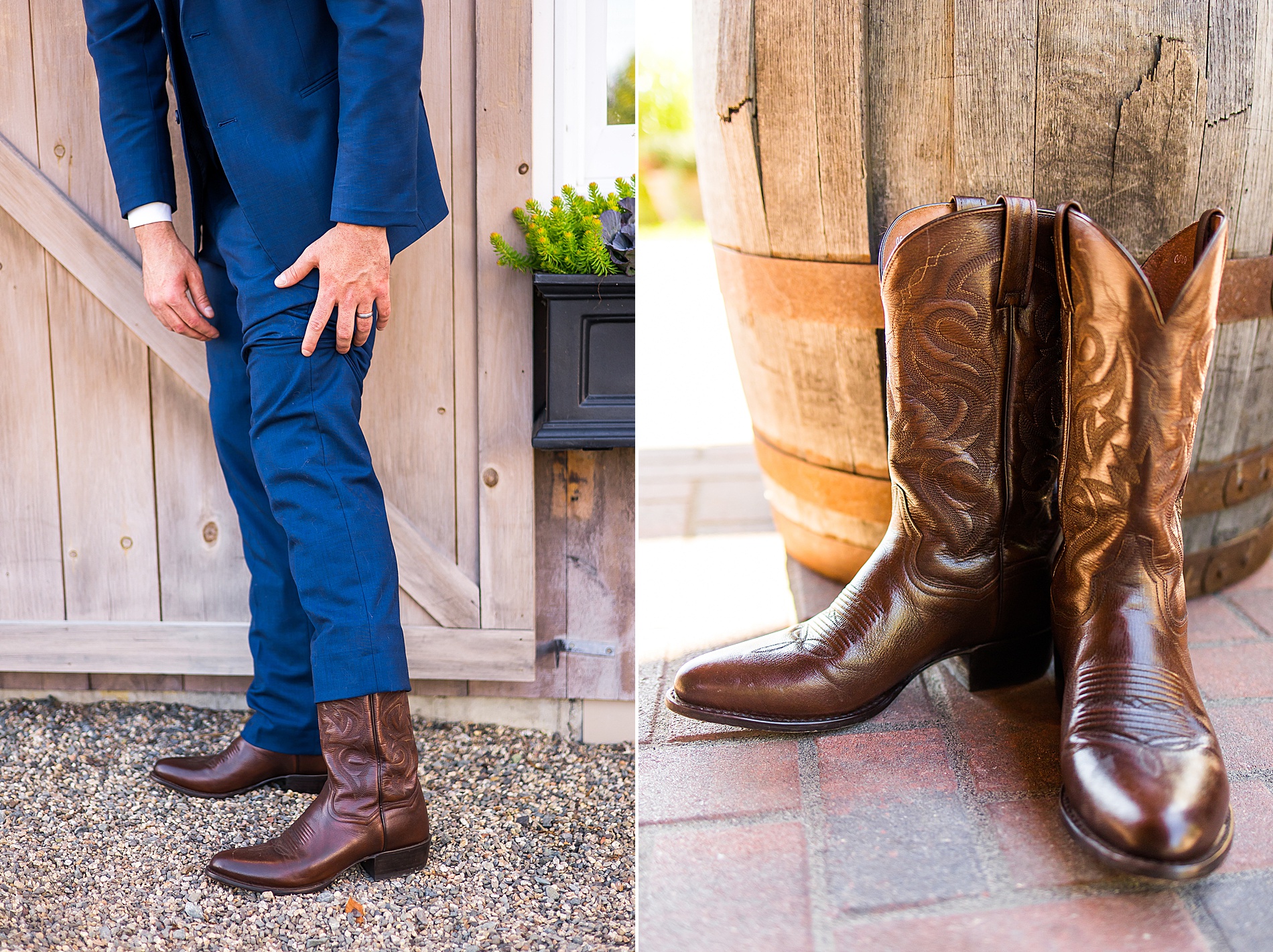 groom wears cowboy boots for summer wedding in NH
