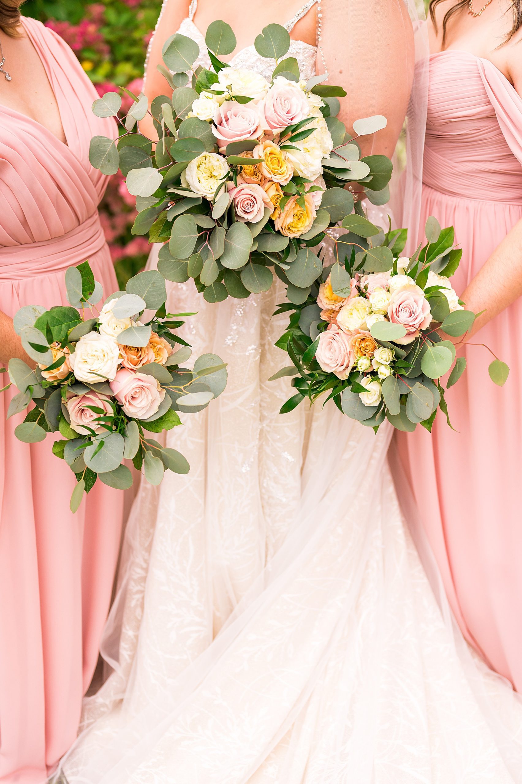 romantic blush bridesmaid dresses and summer bouquets 