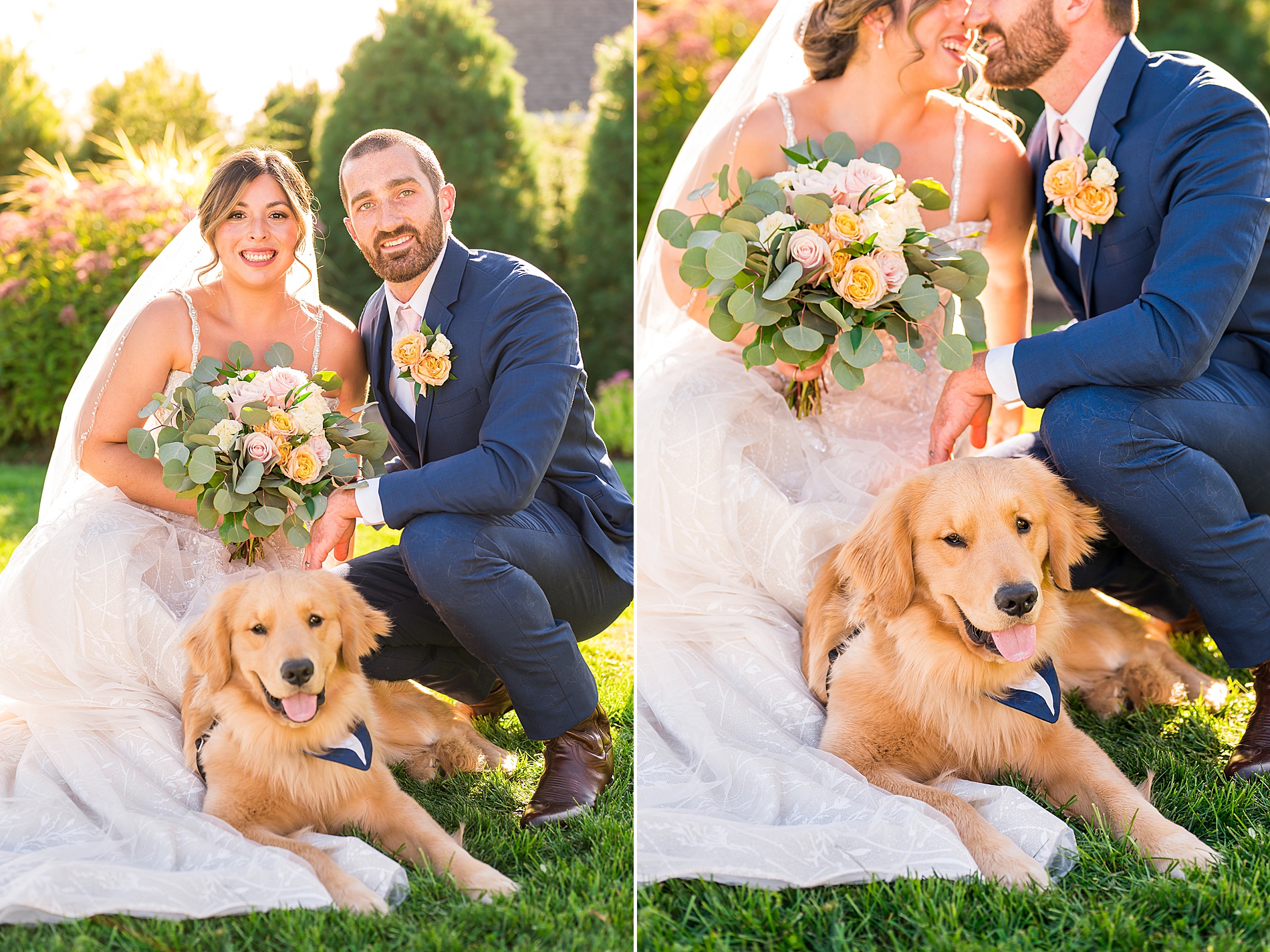 newlyweds with their dog during wedding portraits 